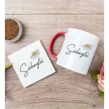 Hediye Dükkanı Kişiye Özel Papatya Tasarımlı Isimli Kırmızı Kupa Bardak ve Bardak Altlığı