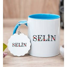 Hediye Dükkanı Kişiye Özel Çiçek Harf Tasarım Isim Yazılı Mavi Kupa Bardak ve Anahtarlık