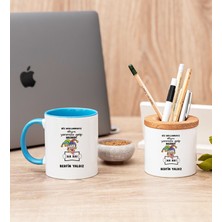 Hediye Dükkanı Kişiye Özel Biz Akıllanmayız Tasarım Esprili  Mavi Kupa Bardak ve Kalemlik