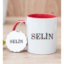 Hediye Dükkanı Kişiye Özel Çiçek Harf Tasarım Isim Yazılı Kırmızı Kupa Bardak ve Anahtarlık