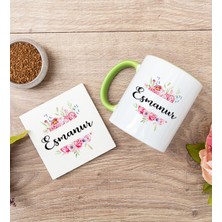 Hediye Dükkanı Kişiye Özel Çiçek Çerçeveli Isimli Sarı Kupa Bardak ve Bardak Altlığı