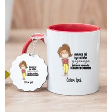 Hediye Dükkanı Kişiye Özel Maske Işi Iyi Oldu Tasarım Esprili Kırmızı Kupa Bardak ve Anahtarlık