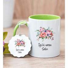 Hediye Dükkanı Kişiye Özel Çiçek Buketi Isimli Yeşil Kupa Bardak ve Anahtarlık