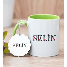 Hediye Dükkanı Kişiye Özel Çiçek Harf Tasarım Isim Yazılı Yeşil Kupa Bardak ve Anahtarlık