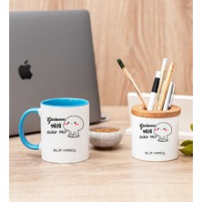 Hediye Dükkanı Kişiye Özel Garibanın Yüzü Gülür Mü Esprili Mavi Kupa Bardak ve Kalemlik