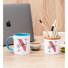 Hediye Dükkanı Kişiye Özel Baş Harfli Üzeri Isim Yazılı Mavi Kupa Bardak ve Kalemlik