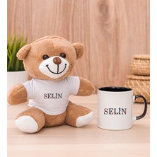 Hediye Dükkanı Kişiye Özel Çiçek Harf Tasarım Isim Yazılı Siyah Kupa Bardak ve Peluş Ayıcık
