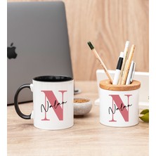 Hediye Dükkanı Kişiye Özel Baş Harfli Üzeri Isim Yazılı Siyah Kupa Bardak ve Kalemlik