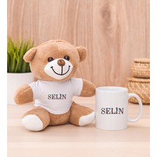 Hediye Dükkanı Kişiye Özel Çiçek Harf Tasarım Isim Yazılı Beyaz Kupa Bardak ve Peluş Ayıcık