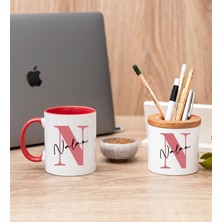 Hediye Dükkanı Kişiye Özel Baş Harfli Üzeri Isim Yazılı Kırmızı Kupa Bardak ve Kalemlik