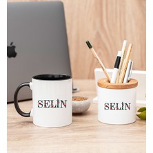 Hediye Dükkanı Kişiye Özel Çiçek Harf Tasarım Isim Yazılı Siyah Kupa Bardak ve Kalemlik