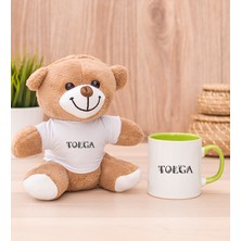 Hediye Dükkanı Kişiye Özel Çiçekli Harf Tasarım Isim Yazılı Yeşil Kupa Bardak ve Peluş Ayıcık