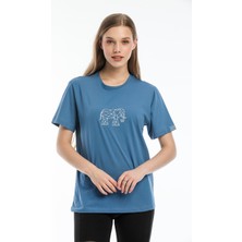 Argentum Look Kadın Mavi Fil Nakışlı %100 Pamuk Oversize T-Shirt