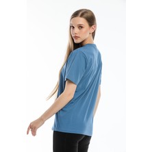 Argentum Look Kadın Mavi Fil Nakışlı %100 Pamuk Oversize T-Shirt