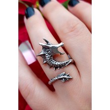 Fildişi Aksesuar Antik Gümüş Kaplama Ejderha Dragon Şekilli El Yapımı Ayarlanabilir Yüzük