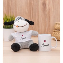 Hediye Dükkanı Kişiye Özel Isim Yazılı Minik Kalpli Beyaz Kupa Bardak ve Peluş Eşek