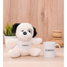 Hediye Dükkanı Kişiye Özel Çiçekli Harf Tasarım Isim Yazılı Beyaz Kupa Bardak ve Peluş Köpek