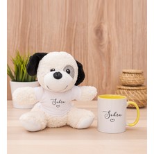 Hediye Dükkanı Kişiye Özel El Yazısı Tasarımlı Isimli Sarı Kupa Bardak ve Peluş Köpek