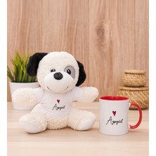 Hediye Dükkanı Kişiye Özel Isim Yazılı Minik Kalpli Beyaz Kupa Bardak ve Peluş Köpek