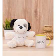 Hediye Dükkanı Kişiye Özel Çiçek Harf Tasarım Isim Yazılı Sarı Kupa Bardak ve Peluş Köpek