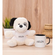 Hediye Dükkanı Kişiye Özel Çiçek Harf Tasarım Isim Yazılı Siyah Kupa Bardak ve Peluş Köpek