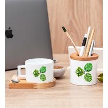 Hediye Dükkanı Kişiye Özel Erkeğe Hediye Yaprak Tasarım Isimli Ahşap Altlıklı Fincan ve Kalemlik