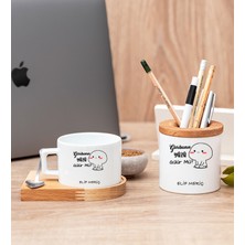 Hediye Dükkanı Kişiye Özel Garibanın Yüzü Gülür Mü Esprili Ahşap Altlıklı Fincan ve Kalemlik