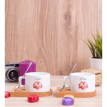 Hediye Dükkanı Kişiye Özel Pembe Çiçekli Isme Özel Ikili Ahşap Altlıklı Fincan