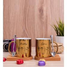 Hediye Dükkanı Kişiye Özel Karakalem Çizimli Çiçekler Ikili Ahşap Altlıklı Gold Kupa Bardak