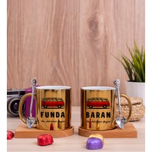 Hediye Dükkanı Kişiye Özel Vosvos Minibüs Tasarımlı Ikili Ahşap Altlıklı Gold Kupa Bardak