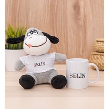 Hediye Dükkanı Kişiye Özel Çiçek Harf Tasarım Isim Yazılı Beyaz Kupa Bardak ve Peluş Eşek
