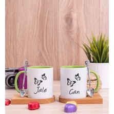 Hediye Dükkanı Kişiye Özel Kelebekler Uçuyor Isimli Ikili Ahşap Altlıklı Yeşil Kupa Bardak