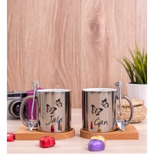 Hediye Dükkanı Kişiye Özel Kelebekler Uçuyor Isimli Ikili Ahşap Altlıklı Silver Kupa Bardak