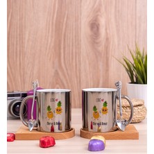 Hediye Dükkanı Kişiye Özel Sevimli Ananaslar Ikili Ahşap Altlıklı Silver Kupa Bardak