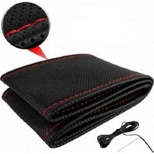 Gürler Oto Aksesuar Dikmeli Deri Direksiyon Kılıfı Noktalı Delikli Kırmızı Ipli Standart 38CM