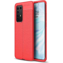 Dlrcase Huawei P40 Pro Kılıf Niss Deri Görünümlü Silikon+Full Ekran Koruyucu Kırmızı