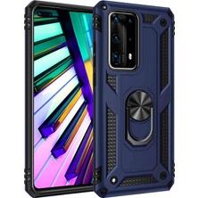 Dlrcase Huawei P40 Pro Kılıf Vega Standlı Yüzüklü Mıknatıslı+Full Ekran Koruyucu Lacivert