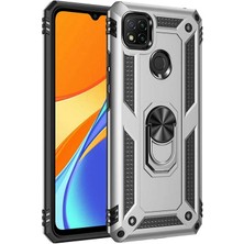 Dlrcase Xiaomi Redmi 9c Kılıf Tank Koruma Vega Standlı Yüzüklü Mıknatıslı+Nano Glass Gümüş