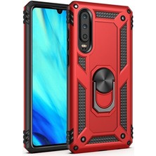 Dlrcase Huawei P Smart Pro 2019 Kılıf Tank Koruma Vega Standlı Yüzüklü Mıknatıslı Kırmızı