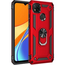 Dlrcase Xiaomi Redmi 9c Kılıf Tank Koruma Vega Standlı Yüzüklü Mıknatıslı+Nano Glass Kırmızı