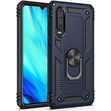 Dlrcase Huawei P Smart Pro 2019 Kılıf Vega Standlı Yüzüklü Mıknatıslı+Nano Glass Lacivert