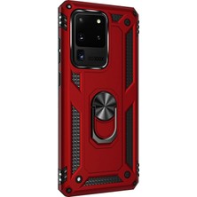 Dlrcase Samsung Galaxy S20 Ultra Kılıf Tank Koruma Vega Standlı Yüzüklü Mıknatıslı Kırmızı