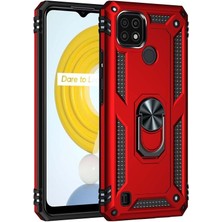 Dlrcase Realme C21 Kılıf Vega Tank Standlı Yüzüklü Mıknatıslı+Nano Glass Kırmızı