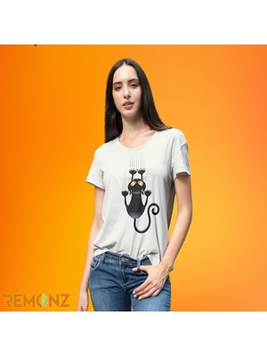 Remonz Kedi Baskılı %100 Pamuk Oversize T-Shirt Büyük Beden Tişört