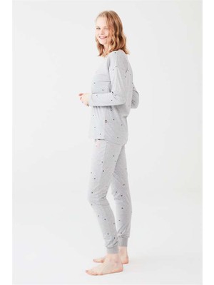 U.S. Polo Assn. Kadın Gri Melanj Yuvarlak Yaka Pijama Takım