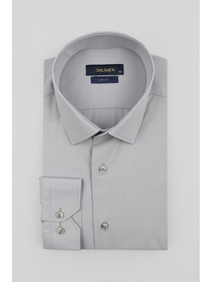 Jakamen Gri Slim Fit Desenli Cepsiz Erkek Gömlek