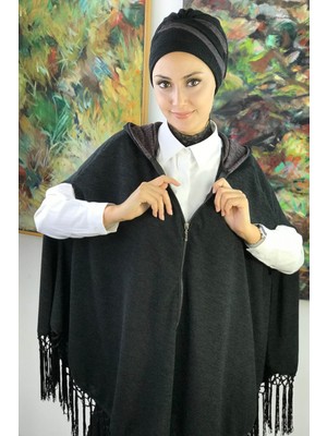 Butik Ambar Koyu Gri Tesettür Panço Bone Modelleri