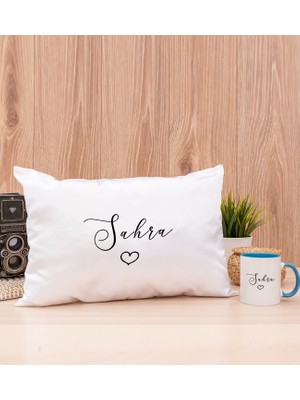 Hediye Dükkanı Kişiye Özel El Yazısı Tasarımlı Isimli Mavi Kupa Bardak ve Dikdörtgen Yastık