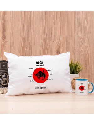 Hediye Dükkanı Kişiye Özel Boğa Burcuna Hediye Mavi Kupa Bardak ve Dikdörtgen Yastık