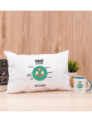 Hediye Dükkanı Kişiye Özel Terazi Burcuna Hediye Mavi Kupa Bardak ve Dikdörtgen Yastık